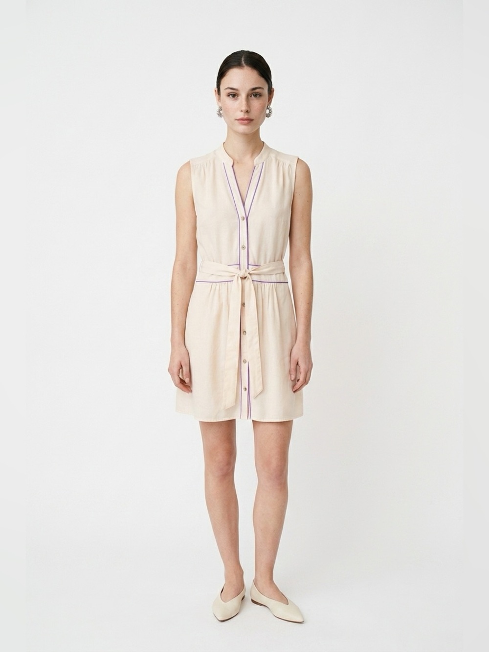 Pink martini Shirt Dress with Contrast Piping in Light Beige